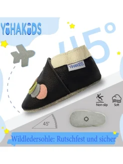 Schwarze Baby-Leder-Laufschuhe, komfortabel mit rutschfester Sohle - Raupenmotiv><noscript><img width=