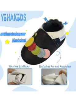 Schwarze Baby-Leder-Laufschuhe, komfortabel mit rutschfester Sohle - Raupenmotiv><noscript><img width=