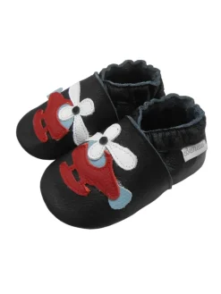 Bemesu Krabbelschuhe^Schwarze Baby-Leder-Laufschuhe, komfortabel mit rutschfester Sohle-Flugzeugmotiv