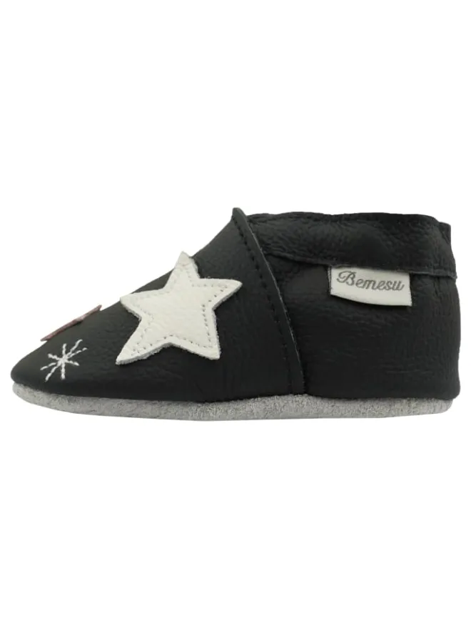 Schwarze Baby-Lederschuhe, rutschfeste Sohle mit Schneeflocken- und Sternmuster>Bemesu Clearance