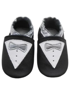 Schwarze Leder Krabbelschuhe für Babys mit rutschfester Sohle – Schleifen-Muster>Bemesu Online