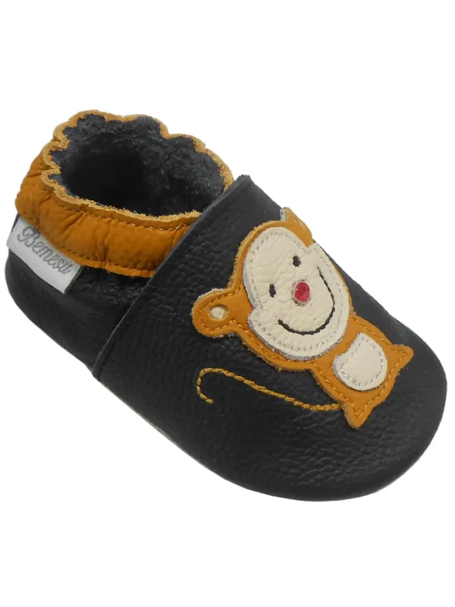 Schwarze Leder Krabbelschuhe für Babys mit rutschfester Sohle – Affen-Muster>Bemesu Best