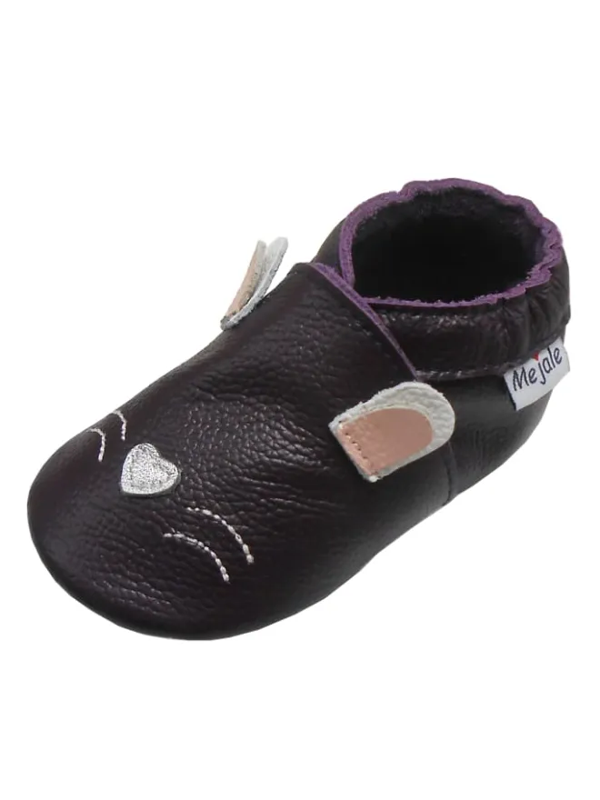 Mejale Krabbelschuhe^Tiefviolette Baby-Leder-Laufanfänger mit rutschfester Sohle – Kaninchen-Design