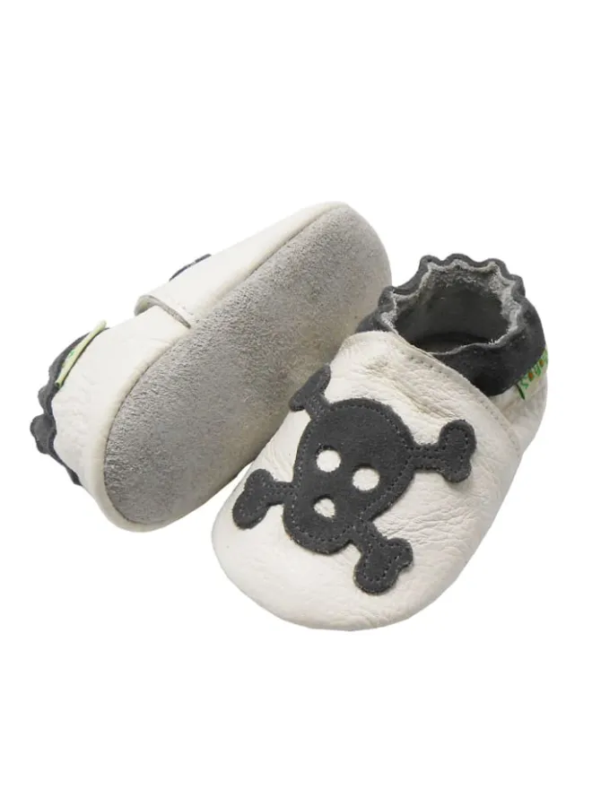 Sayoyo Krabbelschuhe^Weiße Babyschuhe aus Leder für Kleinkinder, rutschfeste Sohlen -Totenkopfmuster